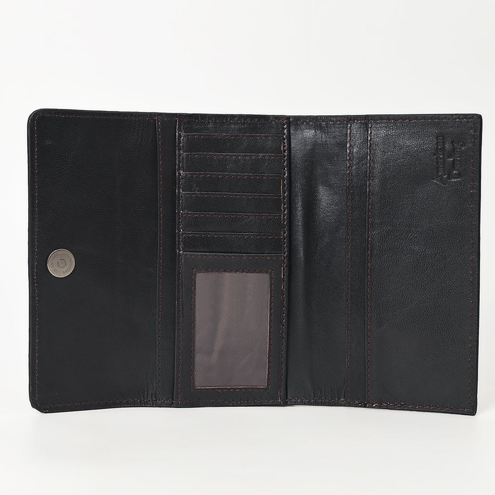 BLACK HAND TOOLED LEATHER TRI-FOLD WALLET