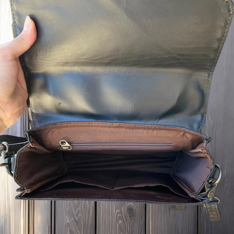 CHECKERED AND TOOLED LEATHER CROSSBODY BAG