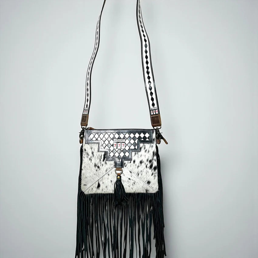 CHECKERS JACKPOT TOOLED AND COWHIDE FRINGE CROSSBODY BAG