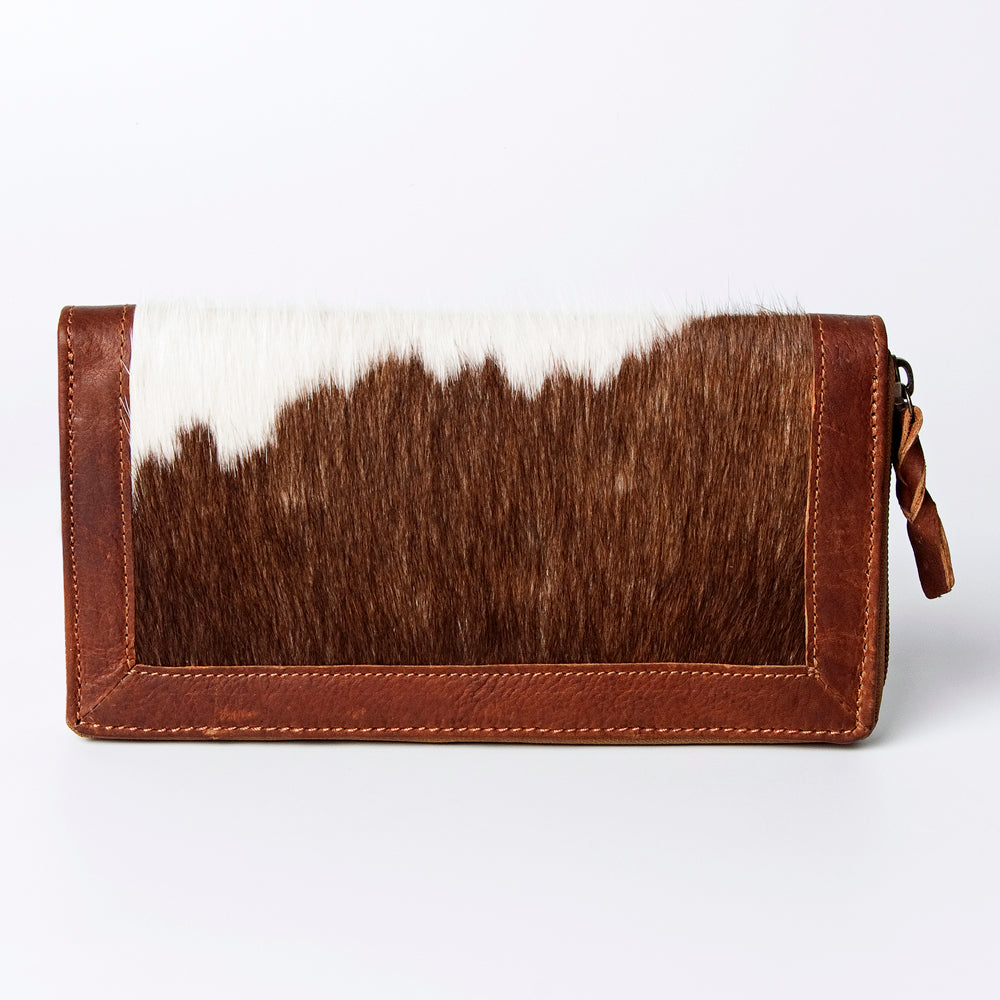 BROWN & WHITE COWHIDE ZIP-AROUND LEATHER WALLET