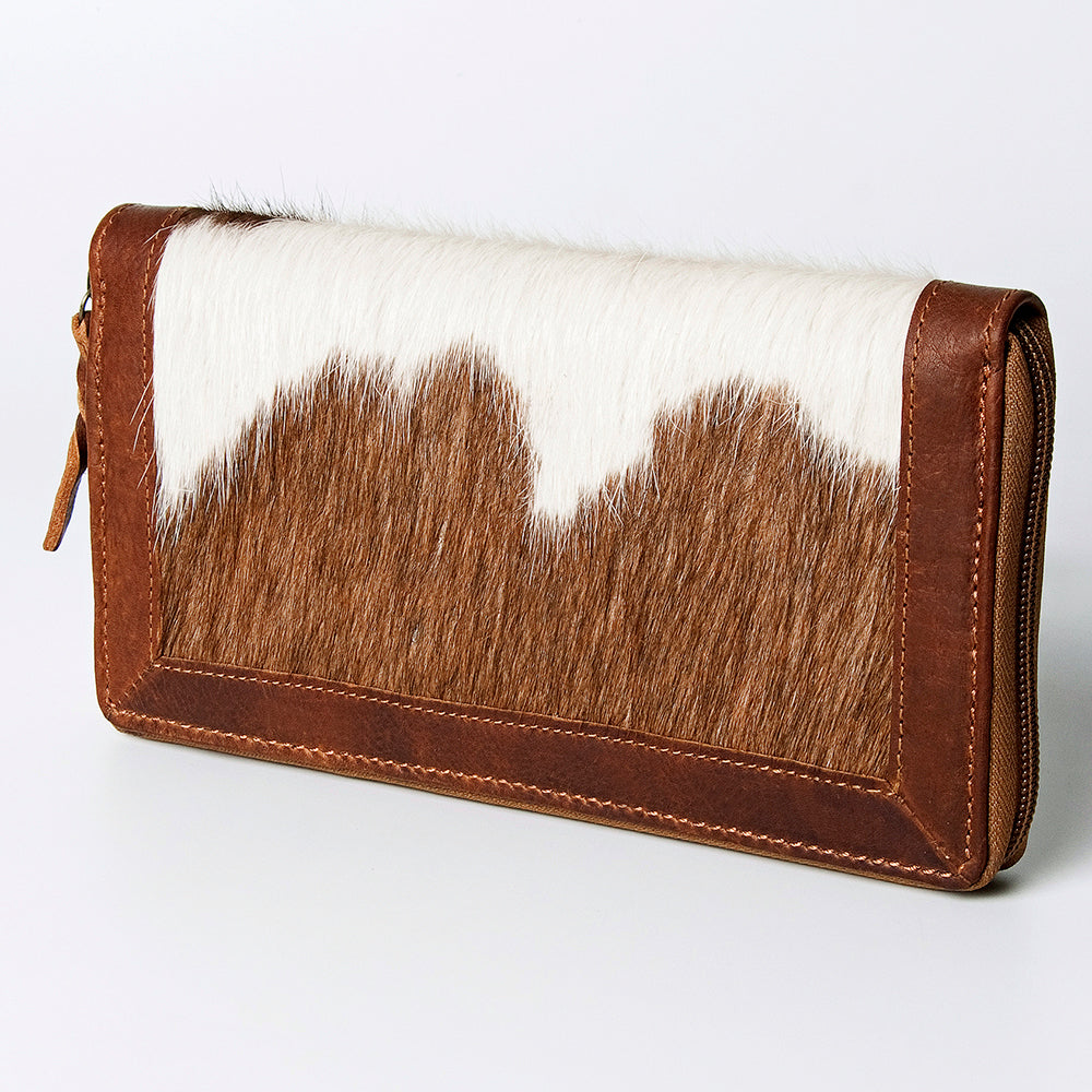 BROWN & WHITE COWHIDE ZIP-AROUND LEATHER WALLET