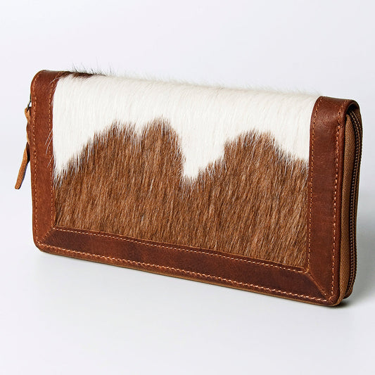 BROWN & WHITE COWHIDE ZIP-AROUND LEATHER WALLET