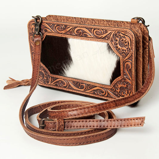 HAIR-ON COWHIDE TOOLED LEATHER CROSSBODY WALLET BAG