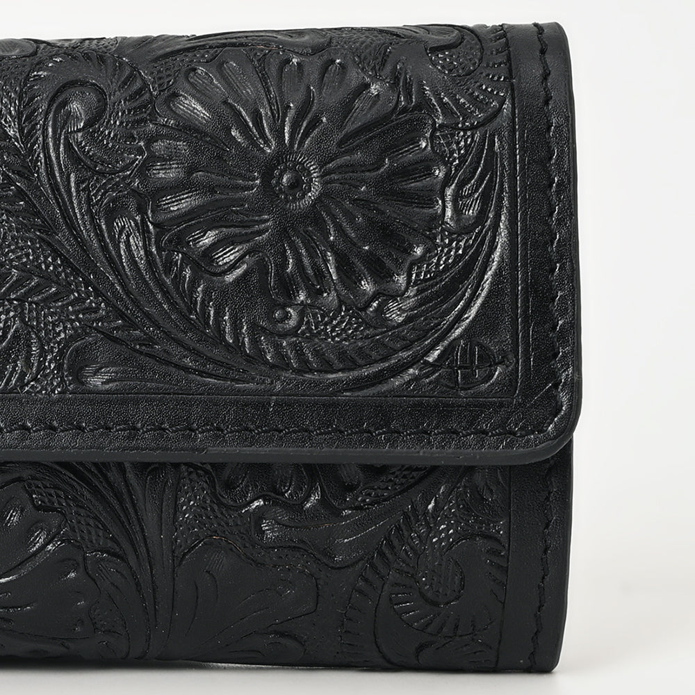 BLACK HAND TOOLED LEATHER TRI-FOLD WALLET