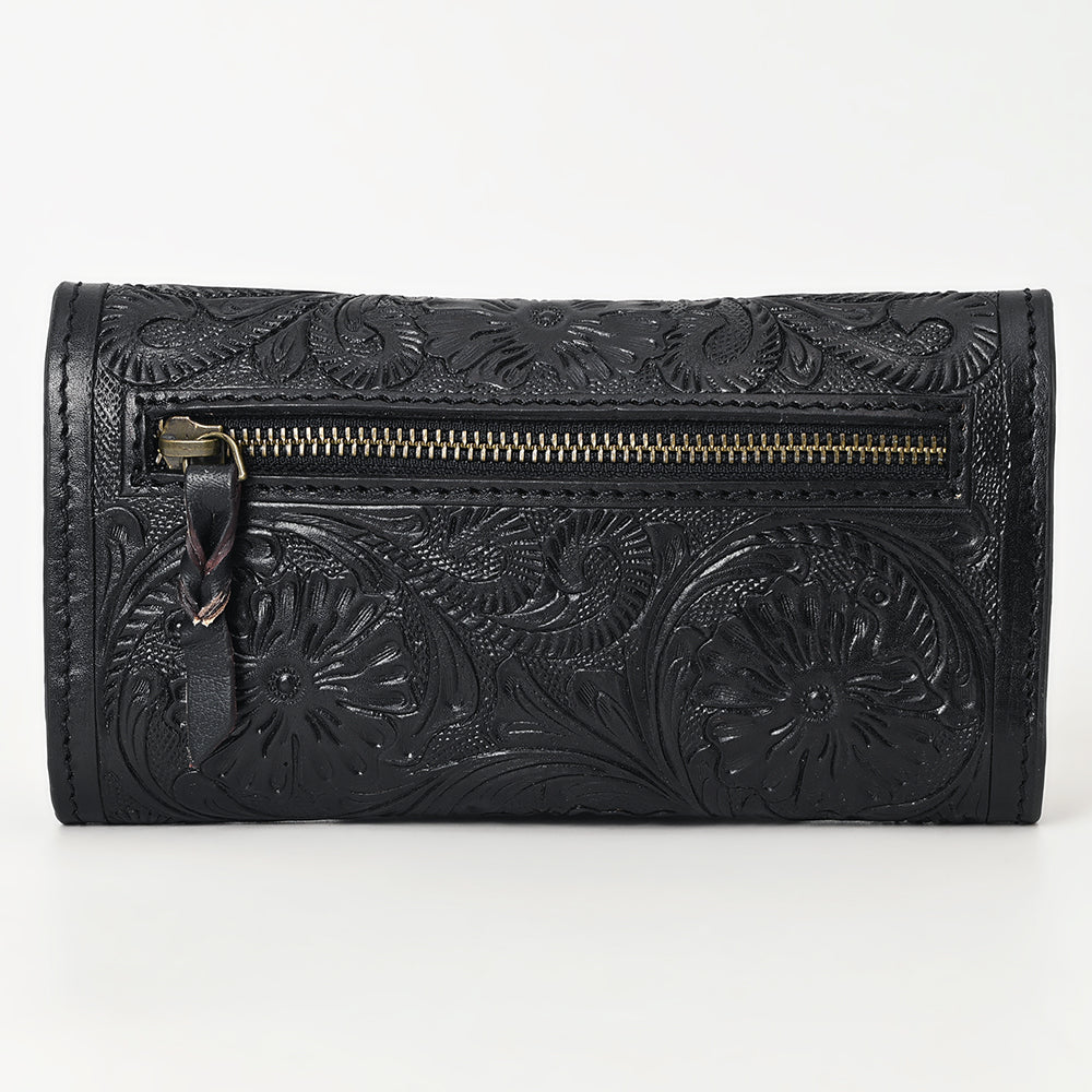 BLACK HAND TOOLED LEATHER TRI-FOLD WALLET