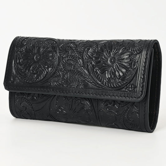 BLACK HAND TOOLED LEATHER TRI-FOLD WALLET