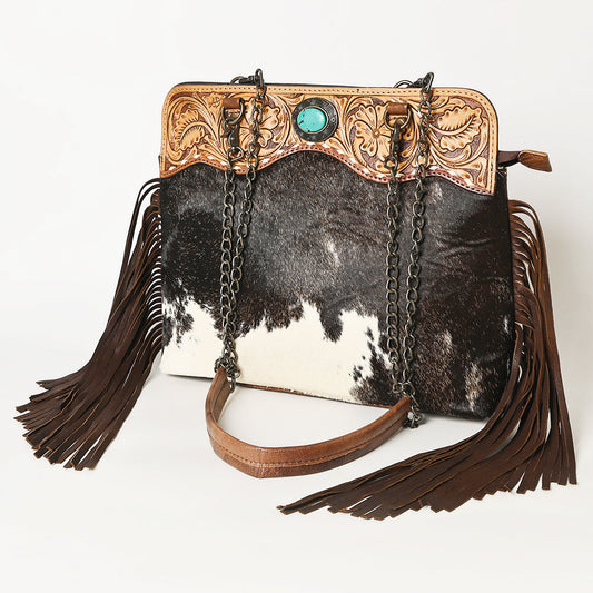 COWHIDE FRINGE LARGE CROSSBODY-TOOLED LEATHER & CHAIN BAG