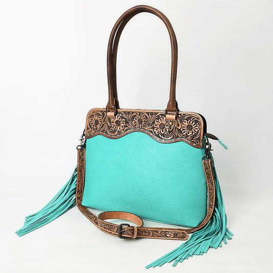 TOTE WITH HAND-TOOLED FLORAL PANEL & FRINGE ACCENTS