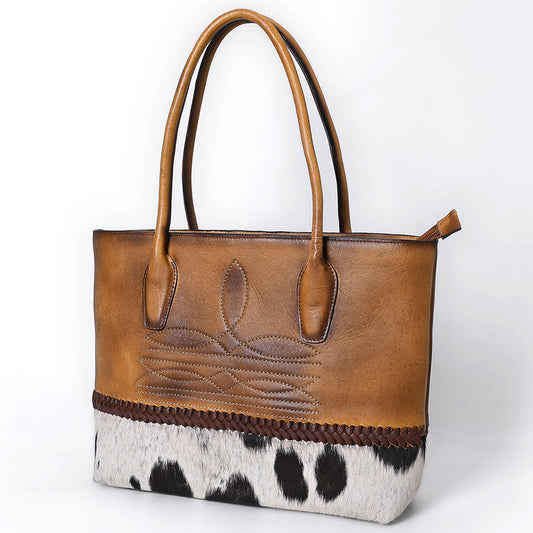 TWO-TONED COWHIDE & TOOLED LEATHER TOTE - WESTERN HANDBAG WITH BRAIDED TRIM