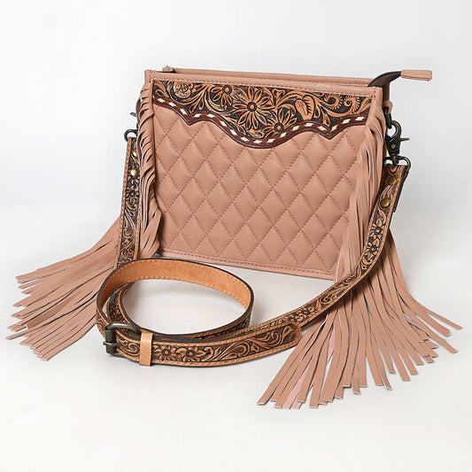 QUILTED GENUINE LEATHER CROSSBODY BAG WITH HAND-TOOLED DETAILS AND FRINGES