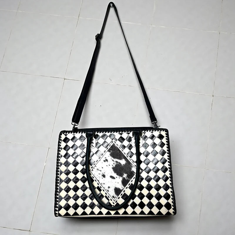CHECKERED, TOOLED TOTE BAG WITH DIAMOND COWHIDE