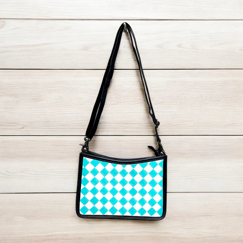 CHECKERED TOOLED LEATHER CROSSBODY BAG