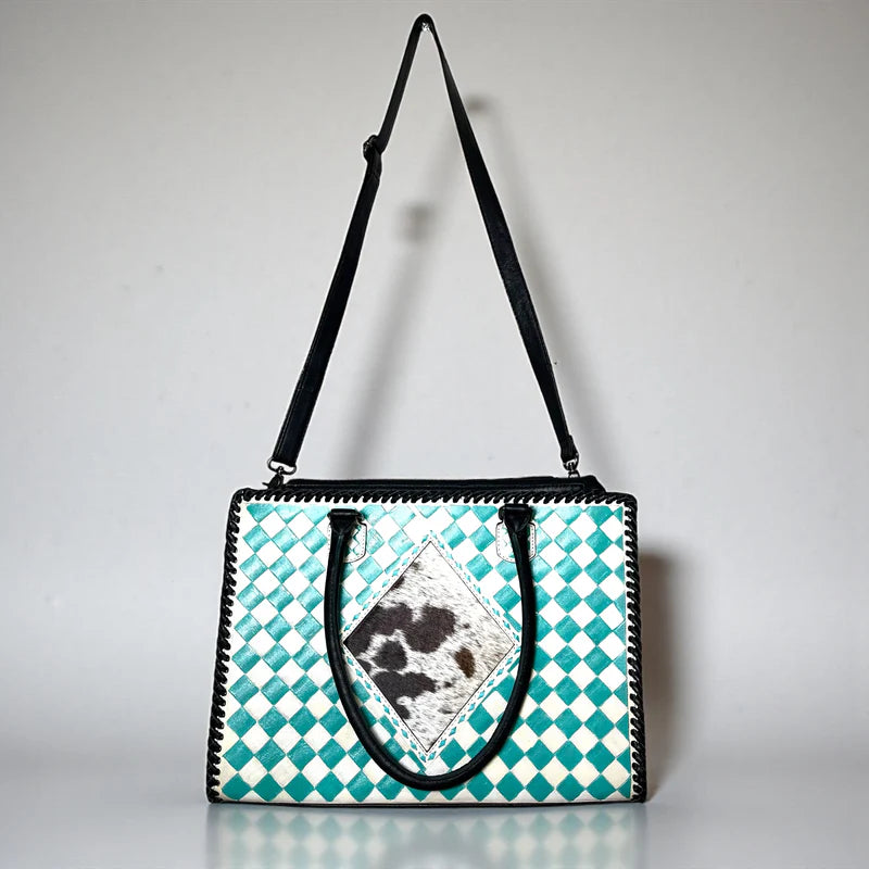 CHECKERED, TOOLED TOTE BAG WITH DIAMOND COWHIDE