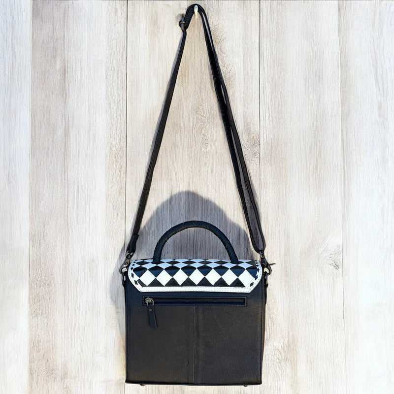 CHECKERED AND TOOLED LEATHER CROSSBODY BAG