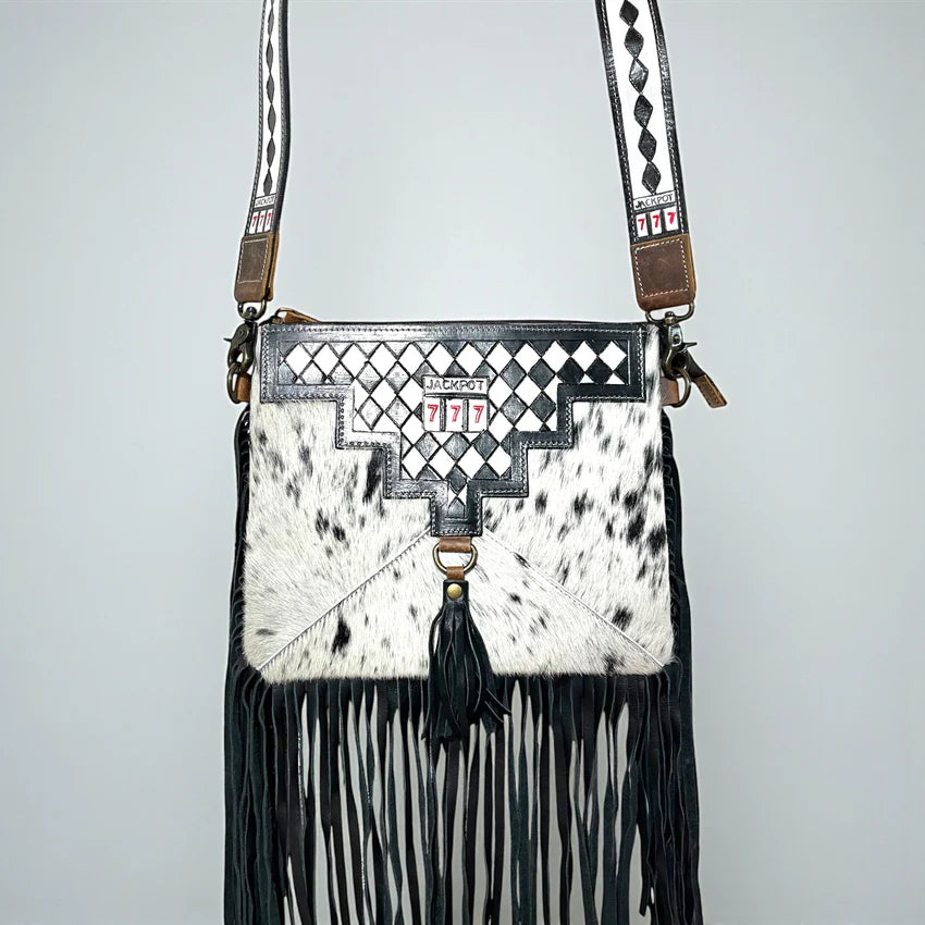 CHECKERS JACKPOT TOOLED AND COWHIDE FRINGE CROSSBODY BAG