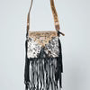 TAN JACKPOT TOOLED LEATHER AND COWHIDE FRINGE CROSSBODY BAG