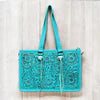 TURQUOISE TOOLED LEATHER TOTE BAG