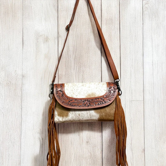tooled leather & cowhide fringe crossbody bag
