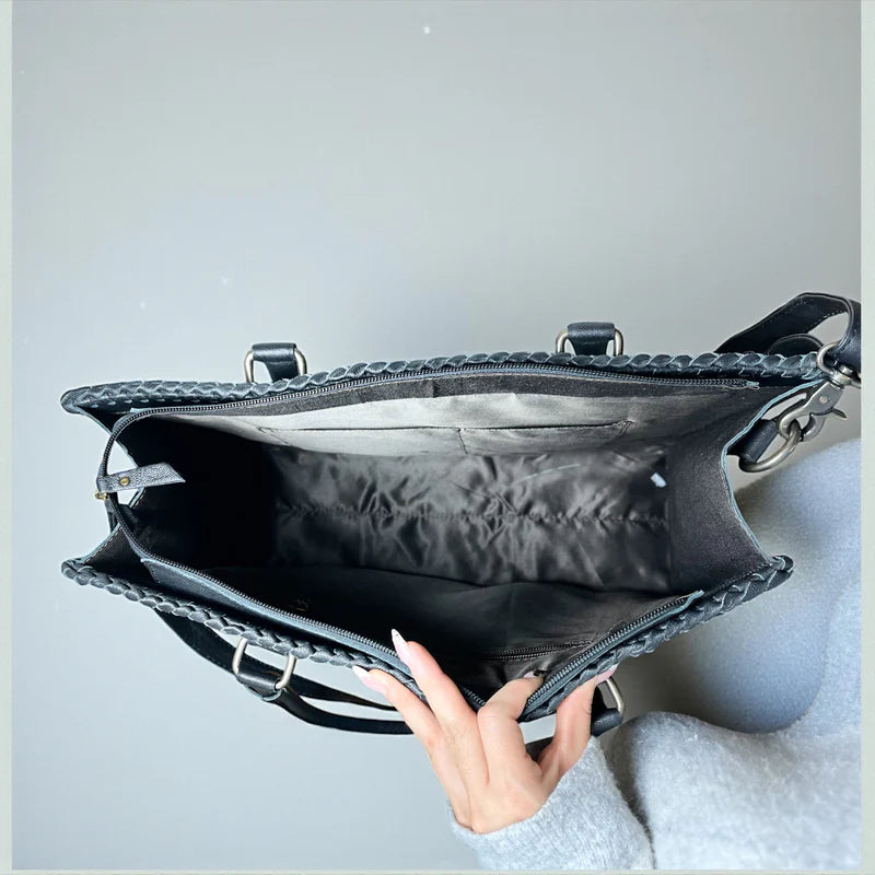 CHECKERED, TOOLED TOTE BAG WITH DIAMOND COWHIDE