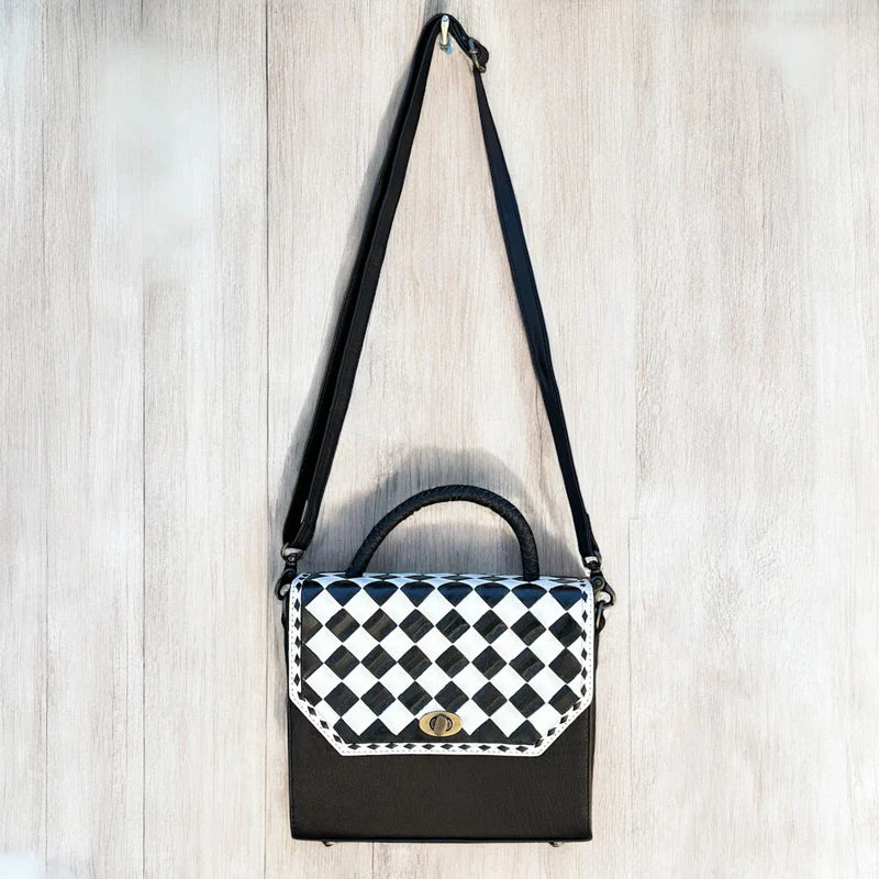 CHECKERED AND TOOLED LEATHER CROSSBODY BAG
