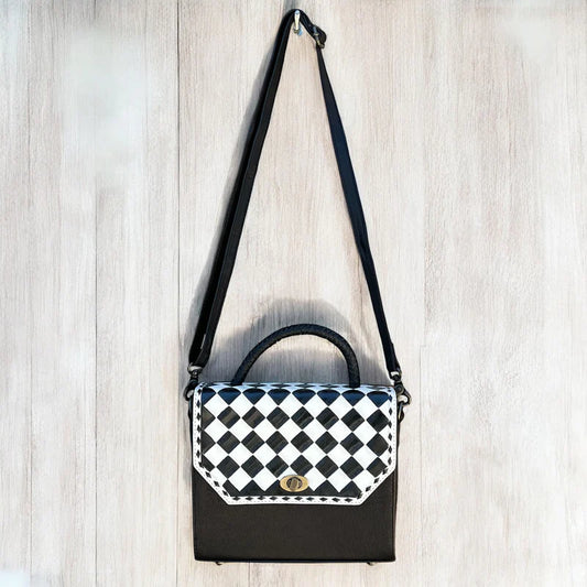 CHECKERED AND TOOLED LEATHER CROSSBODY BAG