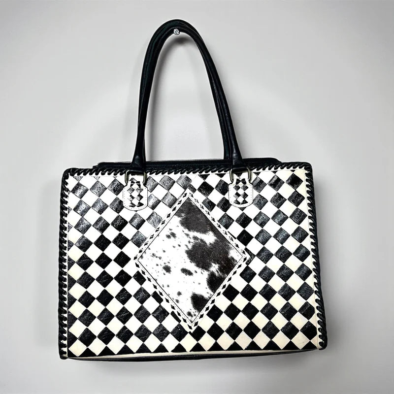 CHECKERED, TOOLED TOTE BAG WITH DIAMOND COWHIDE