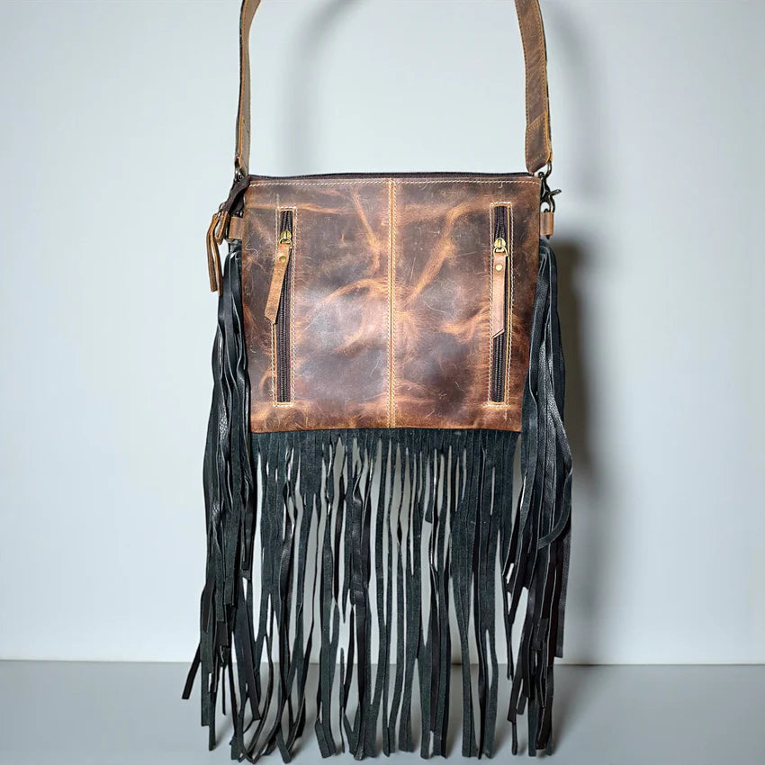 CHECKERS JACKPOT TOOLED AND COWHIDE FRINGE CROSSBODY BAG