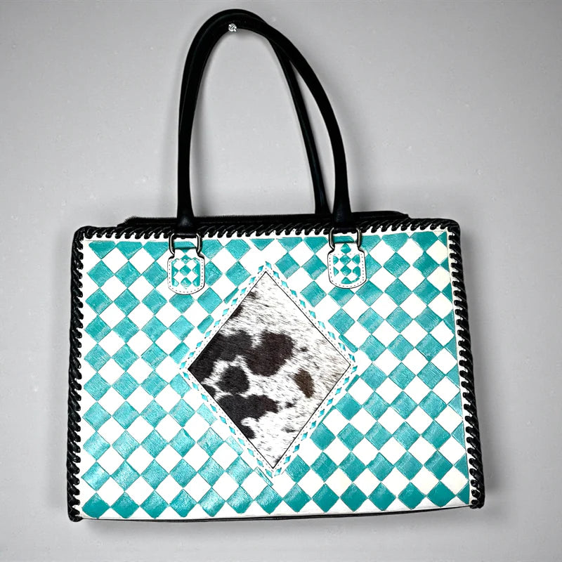 CHECKERED, TOOLED TOTE BAG WITH DIAMOND COWHIDE